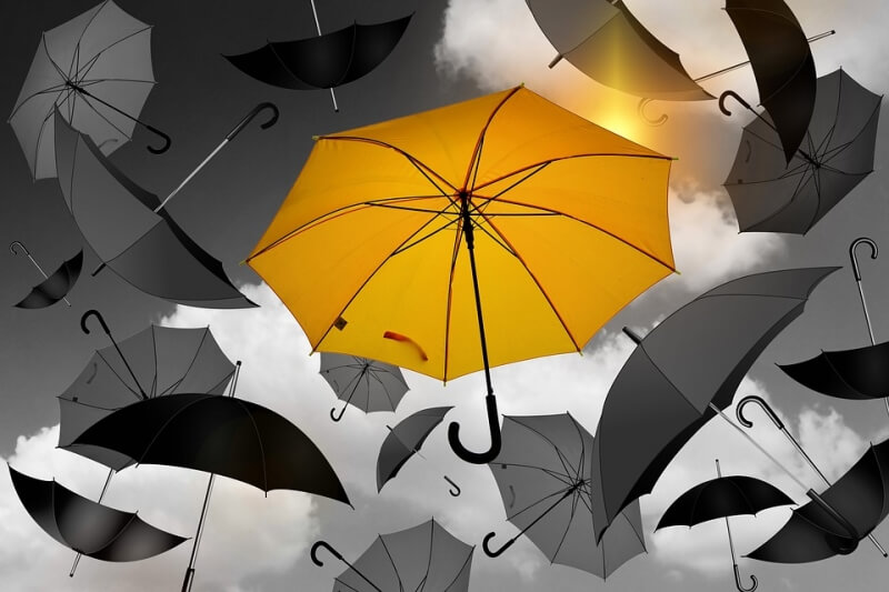 Yellow umbrella around grey umbrellas