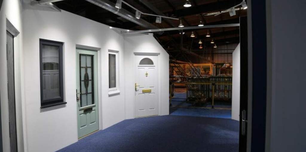 image of display entrance doors within a warehouse