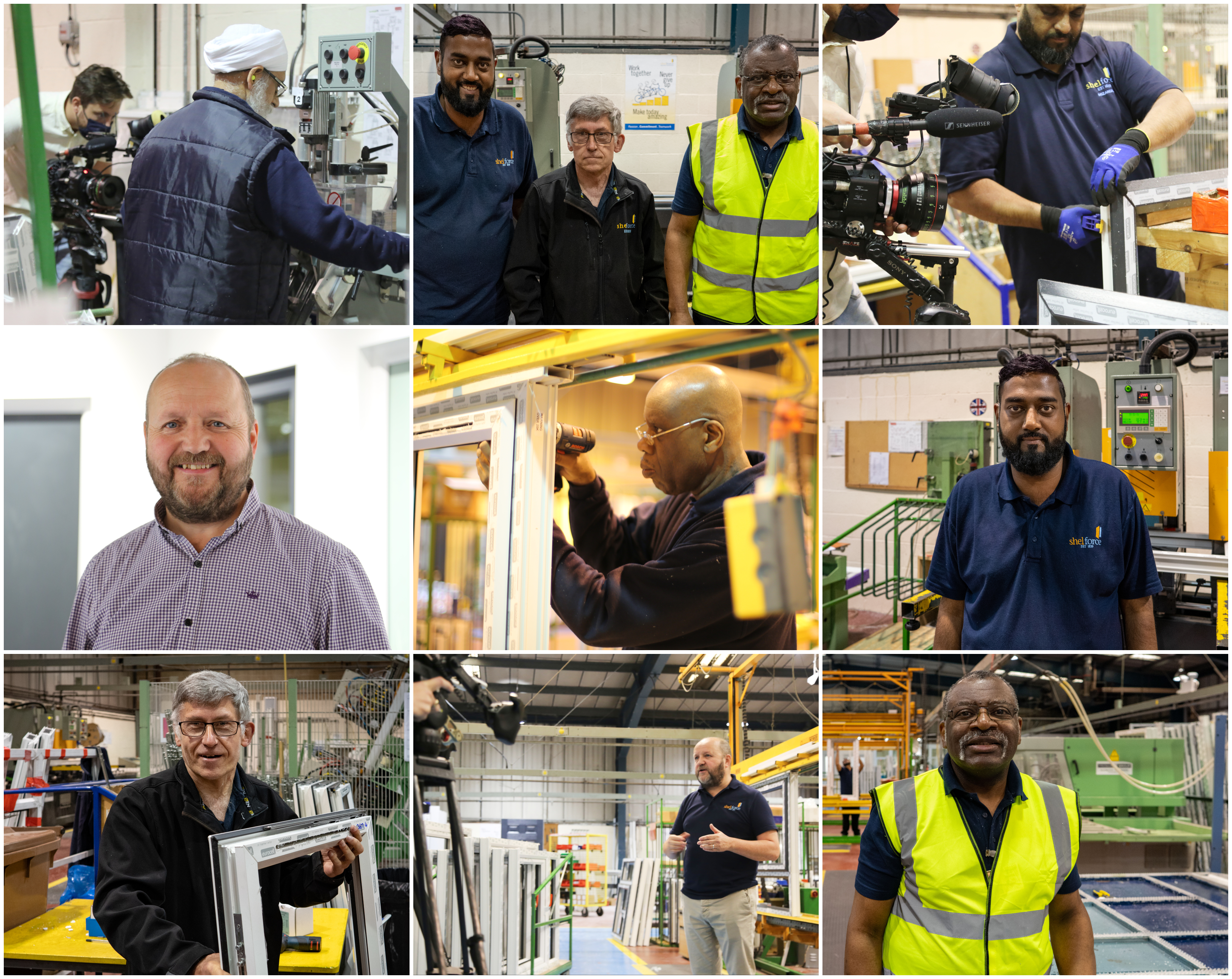 collage of 9 different images showing the workings of a factory